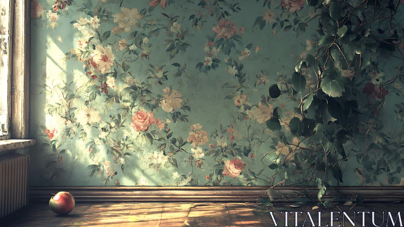 Sunlit floral wall and creeping ivy in quiet room.
