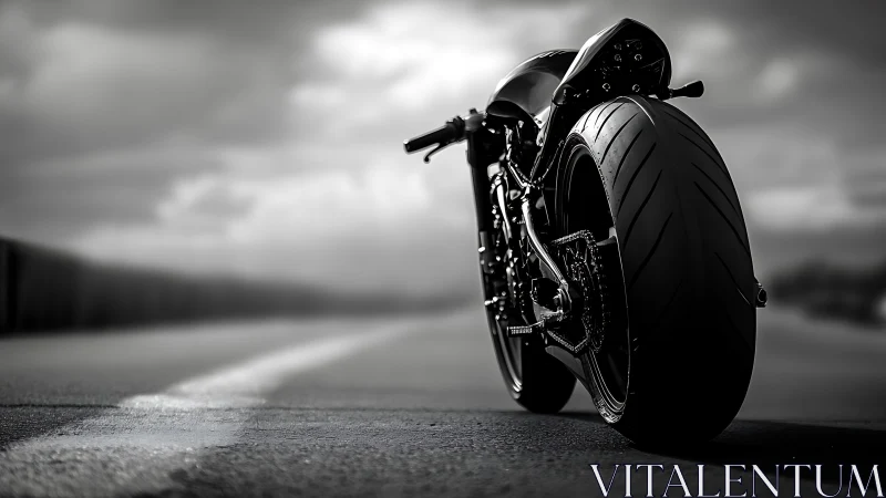 Custom sport motorcycle on open road in moody grayscale.