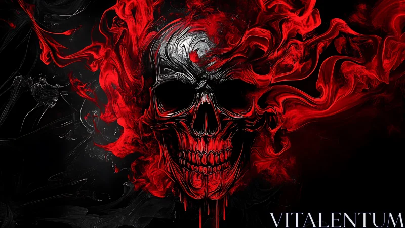 Red fiery skull emerging from swirling dark smoke.
