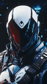 Armored sci fi sentinel stands ready in glowing starlit void