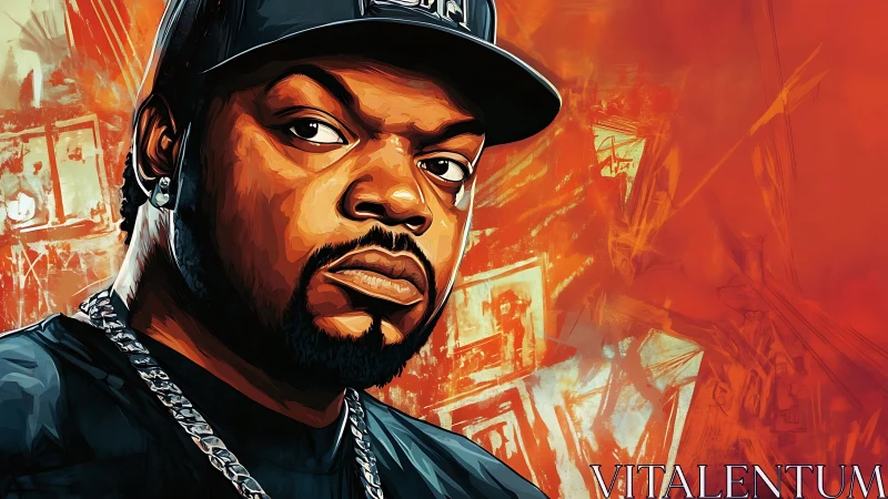 Digital rap portrait shows intense stare over fiery backdrop