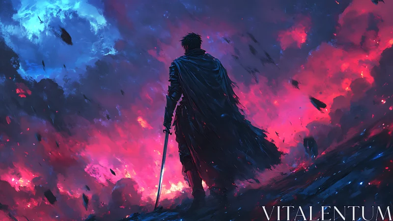 Lone swordsman stands against a burning cosmic sky
