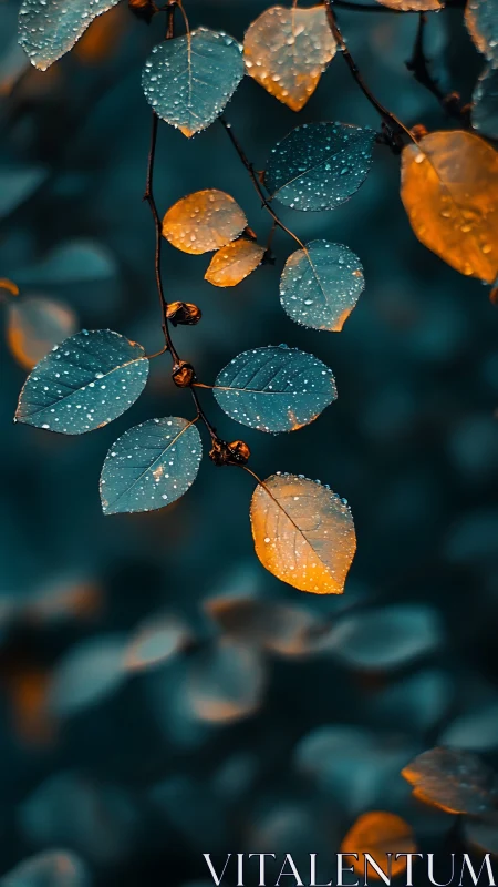 Macro bokeh study of dewy blue and orange autumn leaves