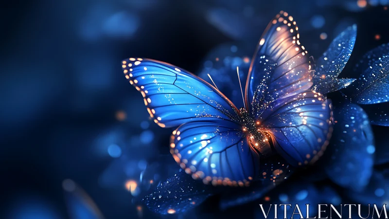 Luminous blue butterfly rests on glowing petals at night