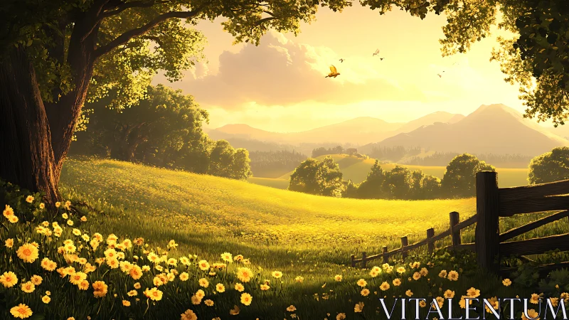 Sunlit daisy kingdom rolling toward whisper-soft mountains.