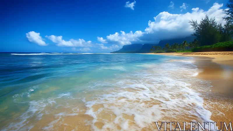 Tropical shoreline with turquoise surf and distant cliffs panorama.
