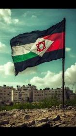 Weathered hybrid flag on pole before distant urban blocks