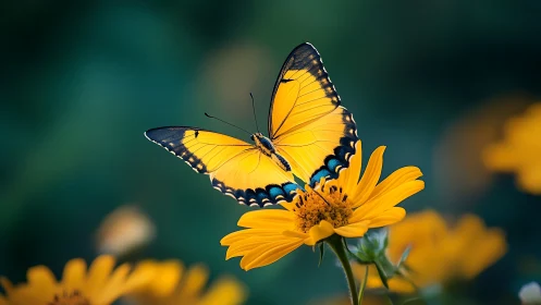 Yellow butterfly rests on yellow daisy in sharp close-up view
