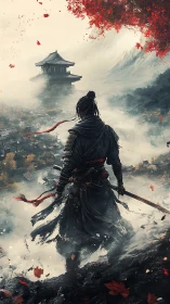 Samurai on mountain ridge facing misty temple vista.