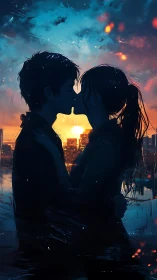 Silhouettes Kiss Against Golden Cityscape.