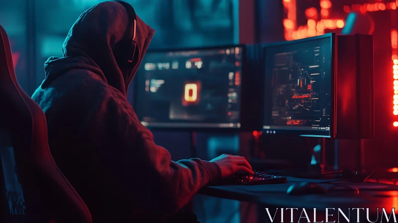 Hooded computer user works at dual monitors in dark room.