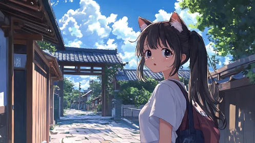 Cat-eared girl walking sunlit traditional Japanese street.