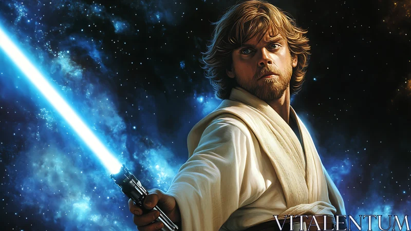 Jedi warrior with blue lightsaber against starry nebula.