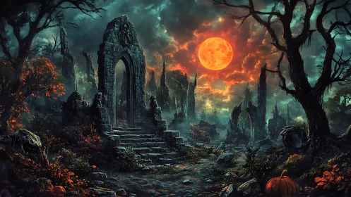 Blood-orange moon crowns ruins while haunted gate waits still