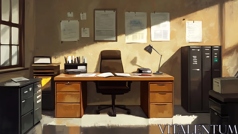 Sunlit vintage office desk in balanced digital painting composition.