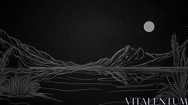 Moonlit mountain lake outlined in gentle silver lines.