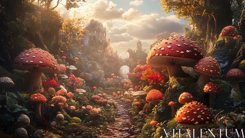 Enchanted mushroom forest glows under soft golden daylight