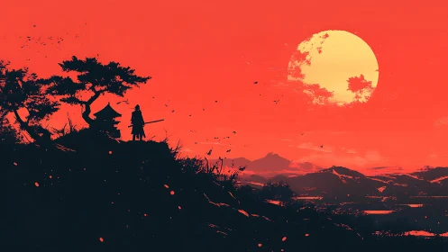 Lone samurai stands on ridge under large red sunset sky.