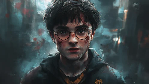 Battle-worn young wizard stands in swirling painted mist.