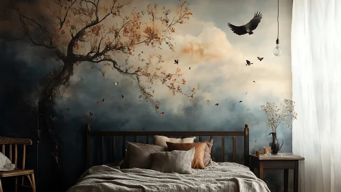 Cozy bedroom with mural of tree, clouds and flying birds.