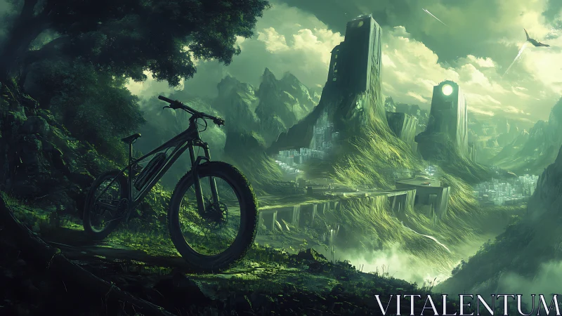 Cyclist surveys futuristic mountain city from verdant overlook.