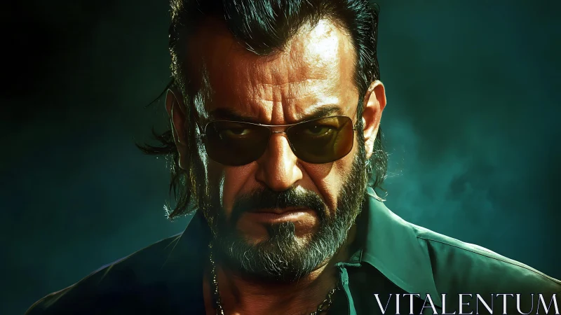 Bearded man in sunglasses stares forward with intense focus