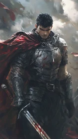 Battleworn knight in bloodstained armor under storm sky.