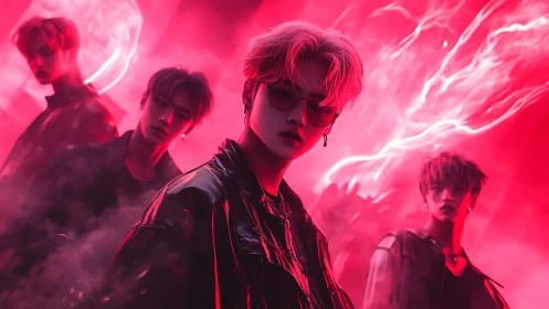 Neon storm idols stride through electric crimson haze.