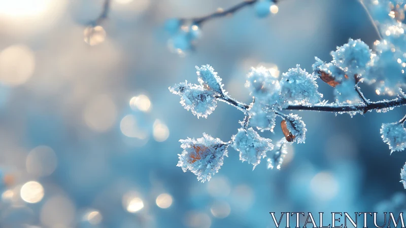 Frost covered winter branch with shallow depth of field focus