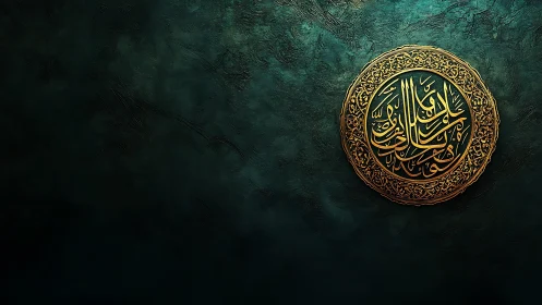Golden Arabic calligraphy medallion on deep teal wall.