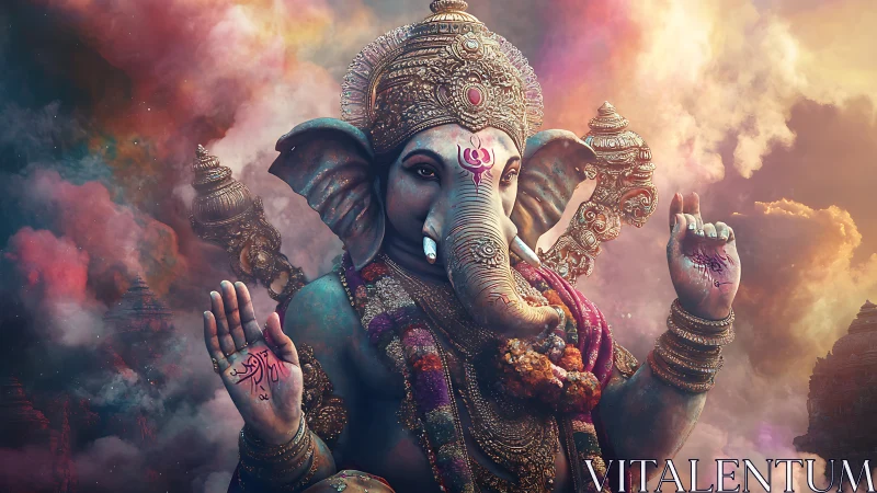 Highly detailed deity portrait with ornate jewelry and volumetric clouds