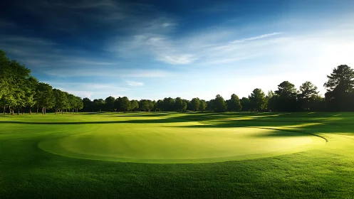 Golf green and fairway under clear sky in late daylight