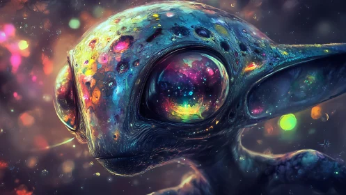 Cosmic alien portrait glows with prismatic nebula eyes.