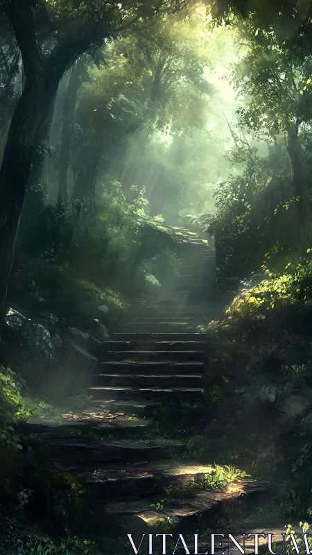 Luminescent Woodland Stairway Through Emerald Shadows.
