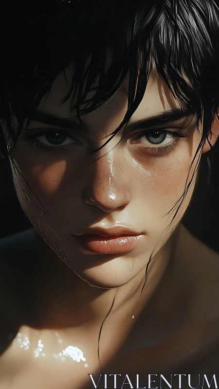 Wet-haired portrait with cinematic light and intent gaze.