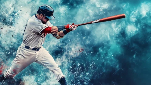 Baseball batter captured in dynamic mid swing motion.
