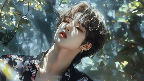 Digital portrait of young person in dappled forest light.