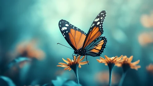 Orange butterfly on yellow flowers in soft teal light.