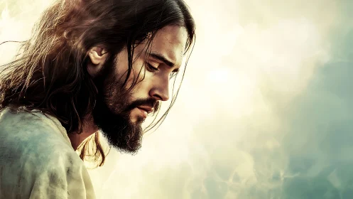 Contemplative bearded man in soft celestial light profile.