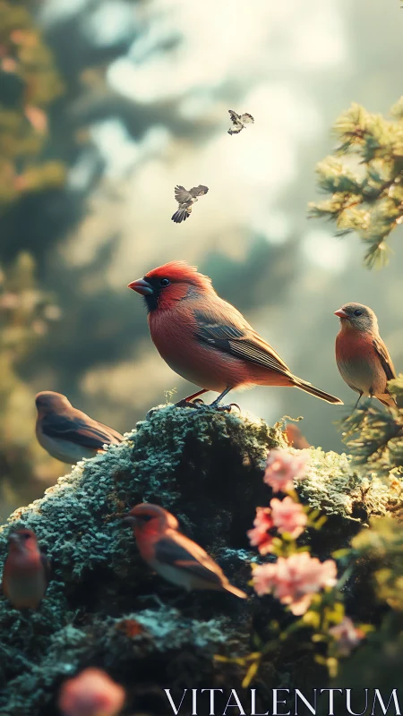 Digital painting of songbirds on mossy bloom-lit outcrop.