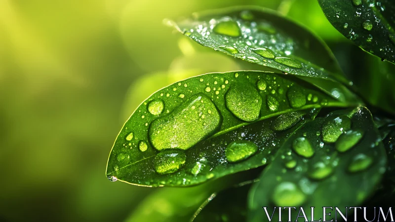 Macro leaves hold glistening water droplets under sunlight