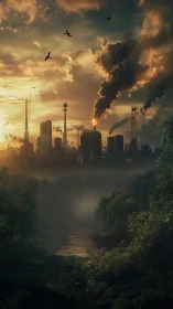 Dense forest foreground meets polluted industrial city skyline
