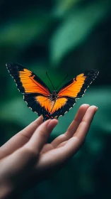 Orange and black butterfly resting on gentle human hand.