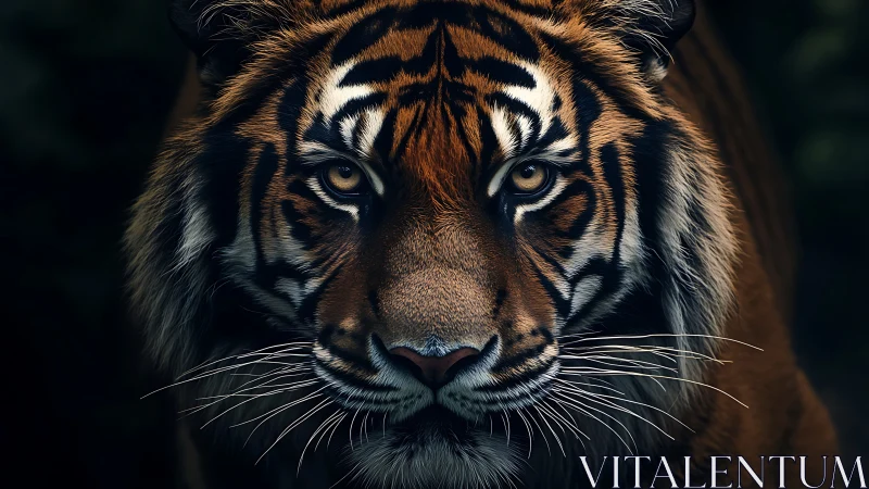 Predatory tiger portrait with dramatic low-key rim lighting.