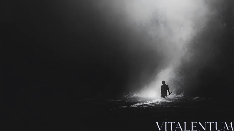 Solitary figure walks toward misty light in deep shadow