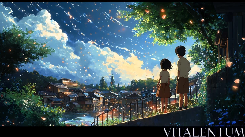 Childhood friends watch a glowing summer evening sky together.