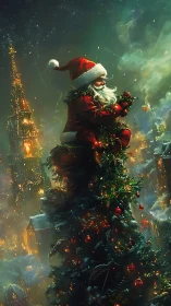 Santa climbs towering Christmas tree above glowing town