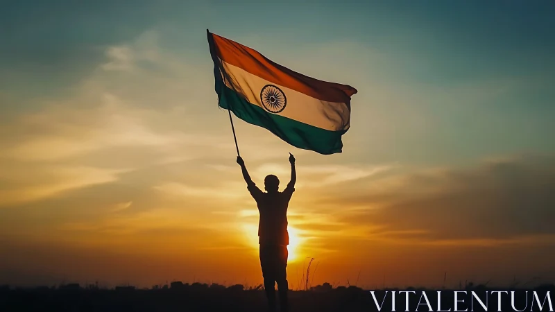 Silhouetted subject hoisting Indian tricolor against sunset sky.