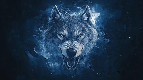 Digital blue-toned snarling wolf head against dark background.