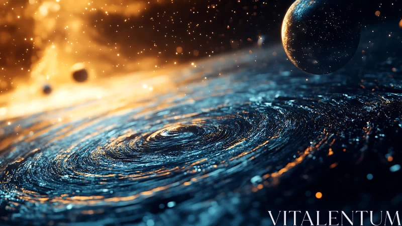 Cosmic whirlpool with planets in contrasting light field.